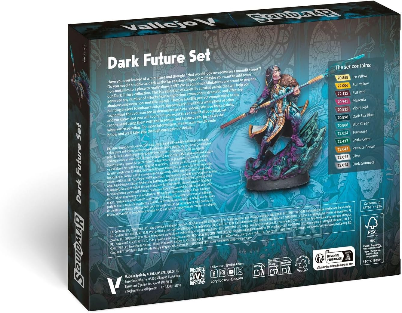 Vallejo - Squidmar Dark Future Paint Set 72.202 | 12 x 18 ml/0.6 fl oz Hobby Colors + Miniature (32 mm)